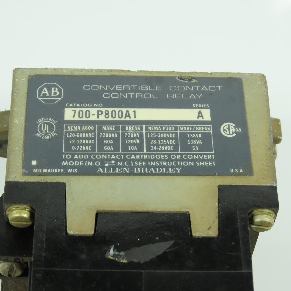 Allen Bradley 700-P800A1 Convertible Contact AC Control Relay 120V Coil