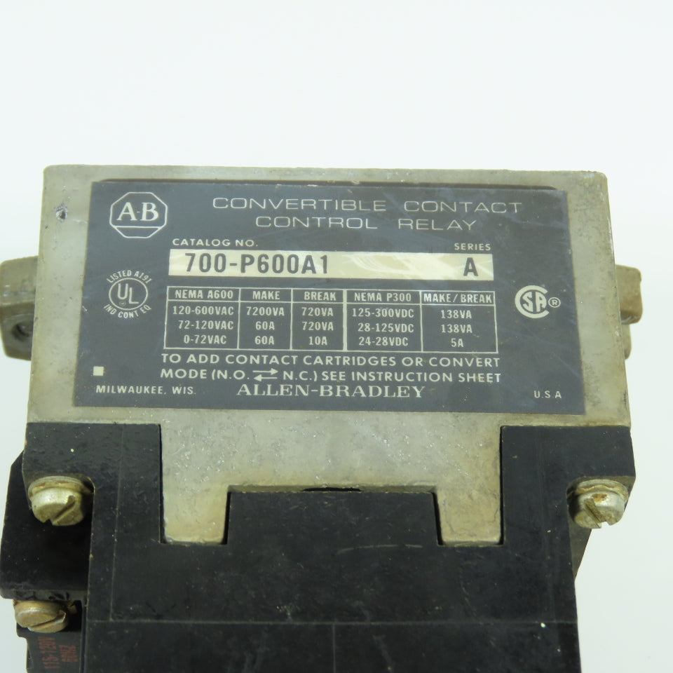 Allen Bradley 700-P600A1 Convertible Contact AC Control Relay 120V Coil