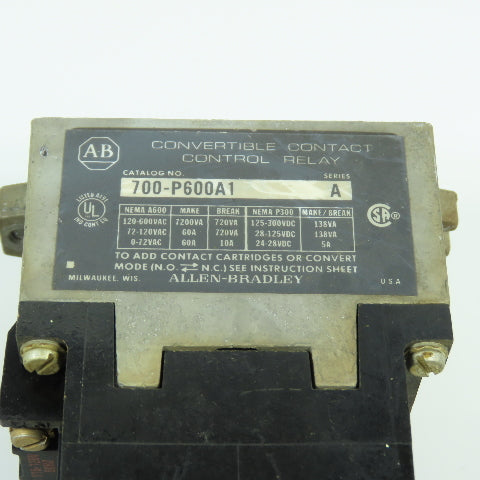 Allen Bradley 700-P600A1 Convertible Contact AC Control Relay 120V Coil