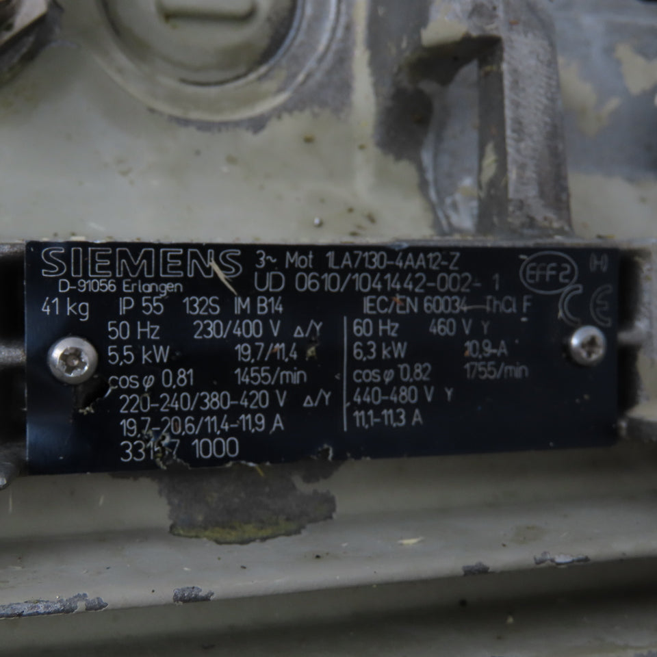 Siemens 1LA7130-4AA12-Z 3Ph 5.5KW Electric Motor 240/480V 1755RPM W/ Gear Box
