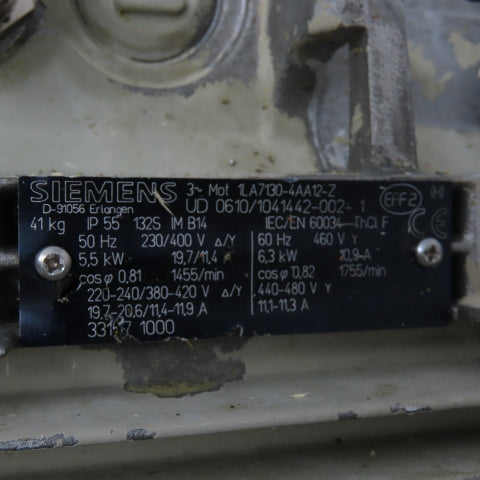 Siemens 1LA7130-4AA12-Z 3Ph 5.5KW Electric Motor 240/480V 1755RPM W/ Gear Box