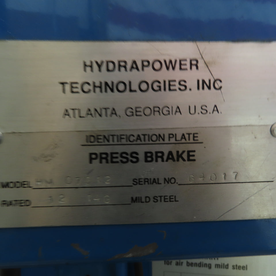 Hydrapower HM 07012 70 Ton 12' Hydraulic Brake Press 208/480V CNC Back Guage