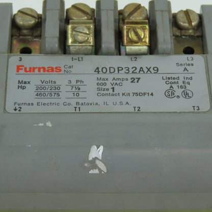 Furnas 40DP32AX9 Size 1 600VAC Contactor 10HP 120V Coil 27A Max