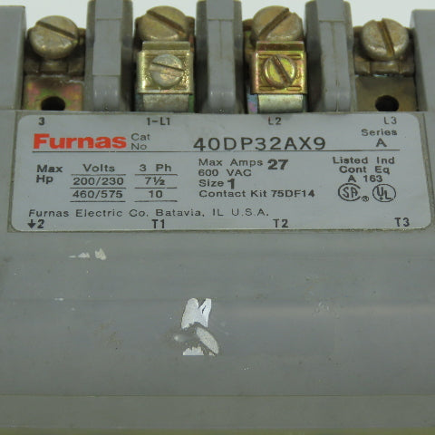 Furnas 40DP32AX9 Size 1 600VAC Contactor 10HP 120V Coil 27A Max