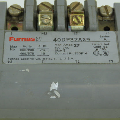Furnas 40DP32AX9 Size 1 600VAC Contactor 10HP 120V Coil 27A Max