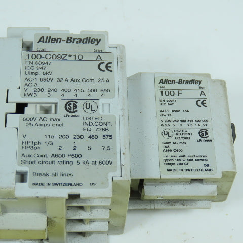 Allen Bradley 100-C09Z*10 25A 600VAC Contactor 24VDC Coil W/ 100-F Aux