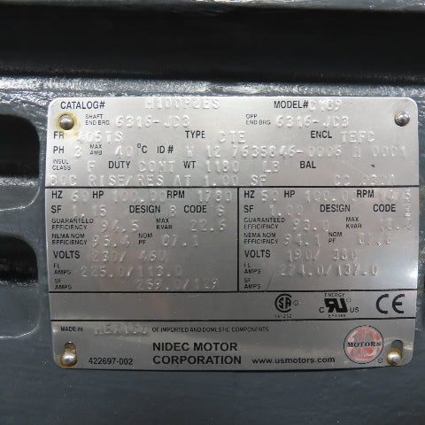Nidec H100P2ES CY89 100HP AC Electric Motor 1780RPM 190/380-230/460V 3Ph