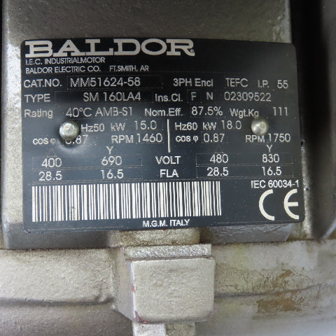 Baldor MM51624-58 SM 160LA4 18kW AC Electric IEC Motor 480/830V 3PH 1750RPM