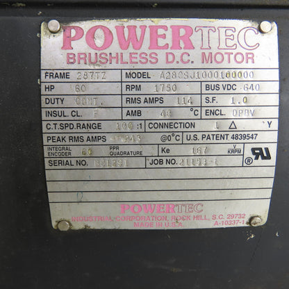 Powertec A28CSJ1000100000 60HP Brushless DC Motor 640VDC 287TZ Frame W/Cooler