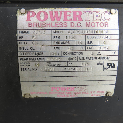 Powertec A28CSJ1000100000 60HP Brushless DC Motor 640VDC 287TZ Frame W/Cooler