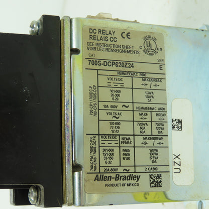 Allen Bradley 700S-DCP620Z24 Ser E DC Safety Control Relay 600V 24VDC Coil