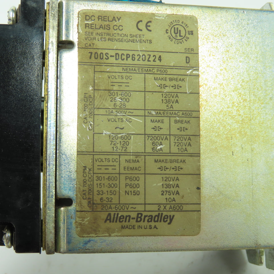 Allen Bradley 700S-DCP620Z24 Ser D DC Safety Control Relay 600V 24VDC Coil