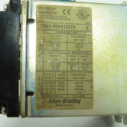 Allen Bradley 700S-DCP620Z24 Ser D DC Safety Control Relay 600V 24VDC Coil