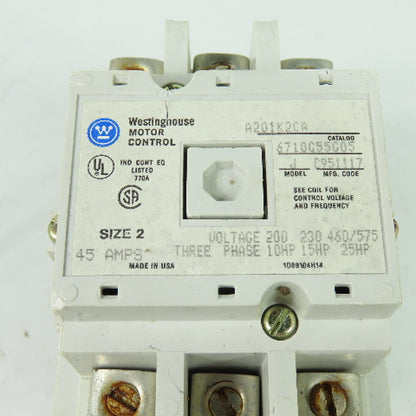 Westinghouse A201K2CA Size 2 Motor Starter 45A 3Ph 25Hp 600V