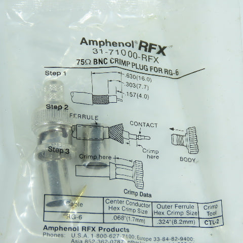Amphenol 31-71000-RFX 75 Ohm BNC Crimp Plug For RG-6 Lot Of 5