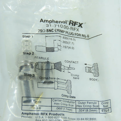 Amphenol 31-71000-RFX 75 Ohm BNC Crimp Plug For RG-6 Lot Of 5