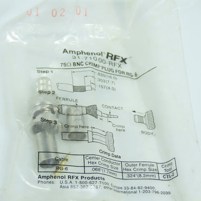 Amphenol 31-71000-RFX 75 Ohm BNC Crimp Plug For RG-6 Lot Of 5