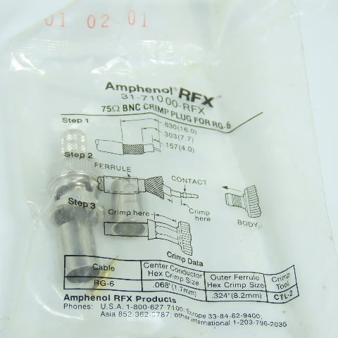 Amphenol 31-71000-RFX 75 Ohm BNC Crimp Plug For RG-6 Lot Of 5