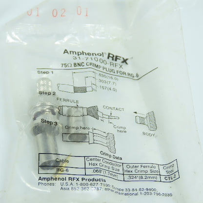 Amphenol 31-71000-RFX 75 Ohm BNC Crimp Plug For RG-6 Lot Of 5