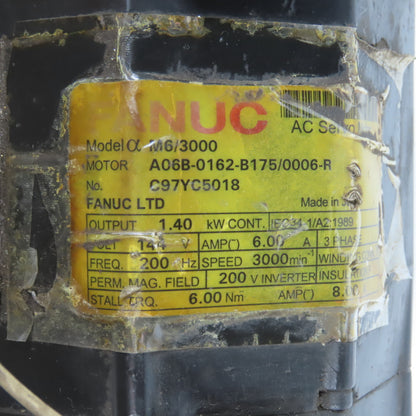 Fanuc A06B-0162-B175/0006-R 1.40kW AC Servo Motor 3000RPM 144V 6.0A W/Pulsecoder