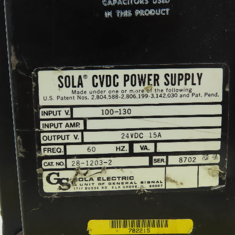 Sola 28-1203-2 24VDC 15A CVDC Power Supply 100-130V Input