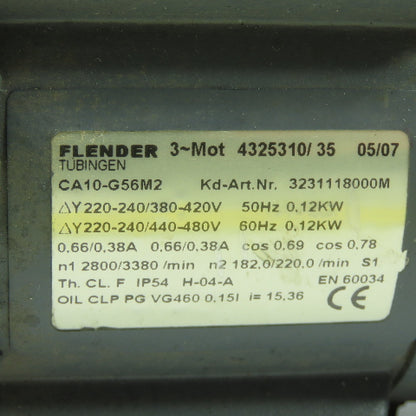 Flender CA10-G56M2 3Ph 0.12KW Gear Motor 220-240/480V 3231118000M 3380RPM
