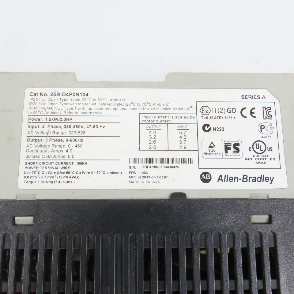 Allen Bradley 25B-D4P0N104 PowerFlex 1.5kW/2HP AC Drive 380-480V 3PH NO COVER