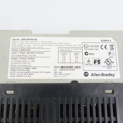 Allen Bradley 25B-D4P0N104 PowerFlex 1.5kW/2HP AC Drive 380-480V 3PH NO COVER