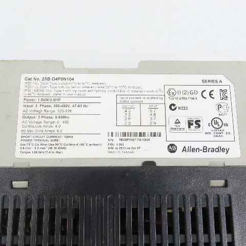 Allen Bradley 25B-D4P0N104 PowerFlex 1.5kW/2HP AC Drive 380-480V 3PH NO COVER