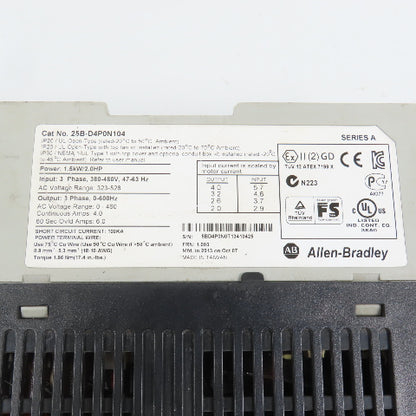 Allen Bradley 25B-D4P0N104 PowerFlex 1.5kW/2HP AC Drive 380-480V 3PH NO COVER
