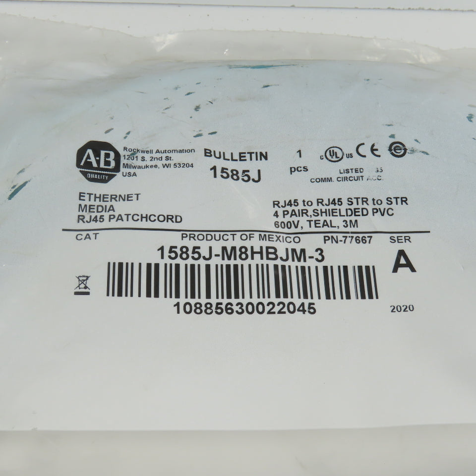 Allen Bradley 1585J-M8HBJM-3 Ser A Ethernet Media RJ45 Shielded Patchcord 3M NEW