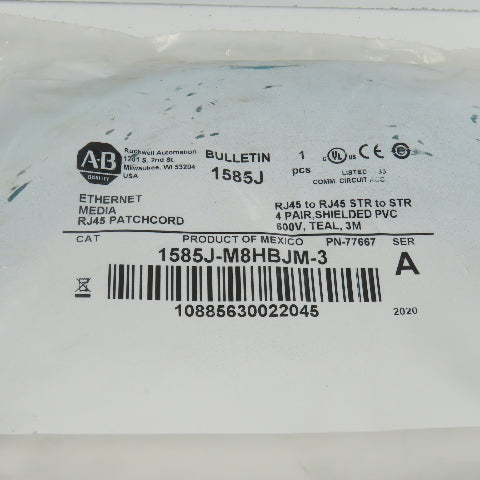 Allen Bradley 1585J-M8HBJM-3 Ser A Ethernet Media RJ45 Shielded Patchcord 3M NEW