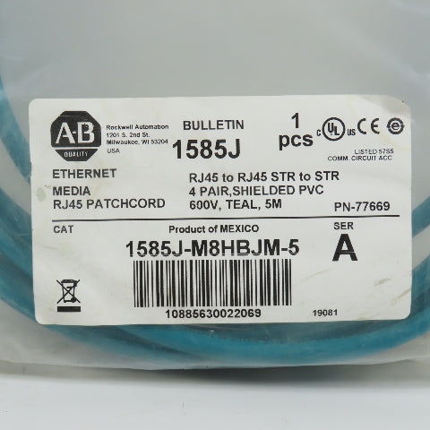 Allen Bradley 1585J-M8HBJM-5 Ser A Ethernet Media RJ45 Shielded Patchcord 5M NEW
