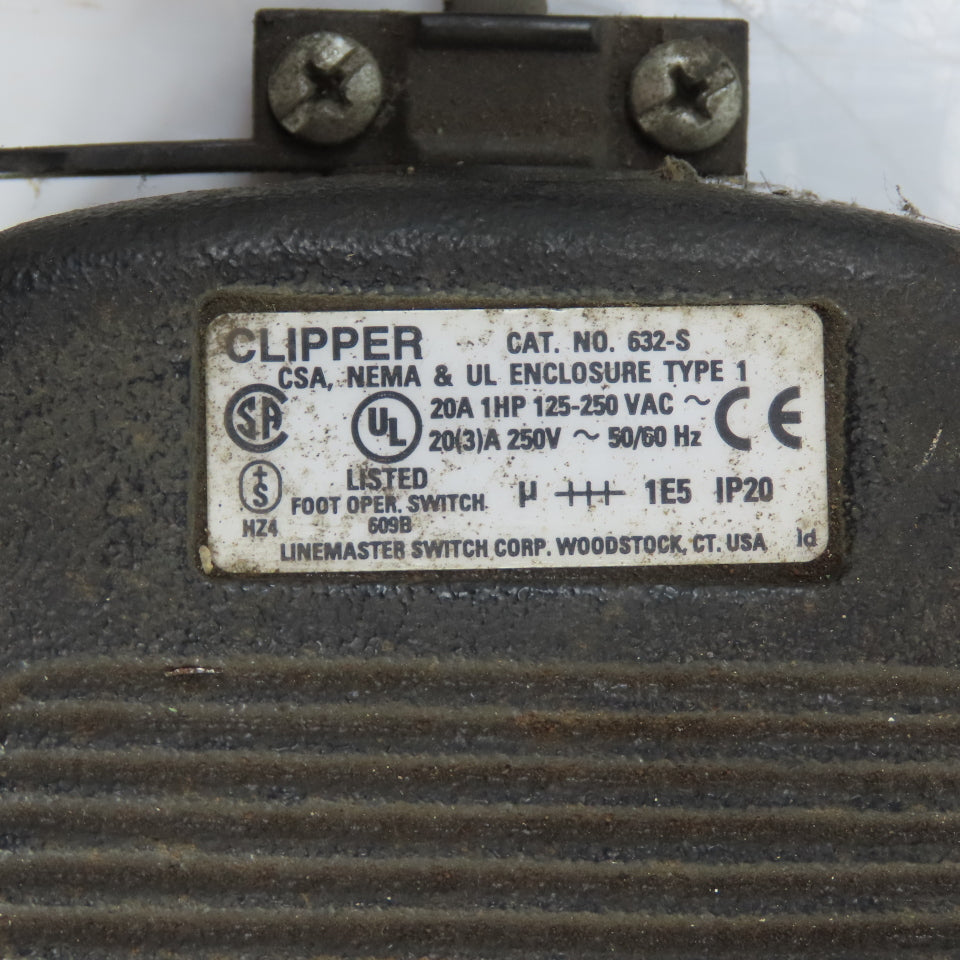 Clipper 632-S 20A 1HP Foot Pedal Operator Switch 125-250VAC W/ 15' Cord