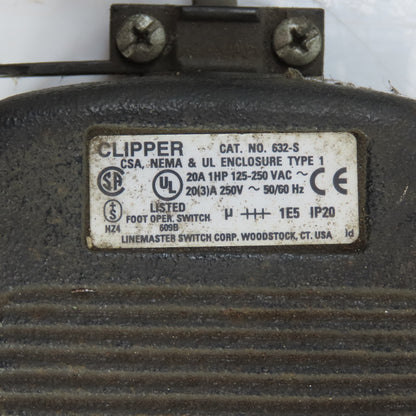 Clipper 632-S 20A 1HP Foot Pedal Operator Switch 125-250VAC W/ 15' Cord