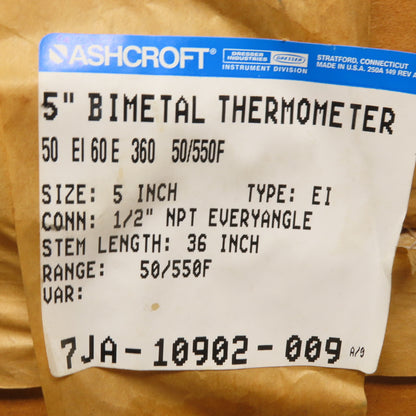 Ashcroft 7JA-10902-009 5" Bimetal Thermometer 1/2" NPT 36" Stem 50°-550°F Range