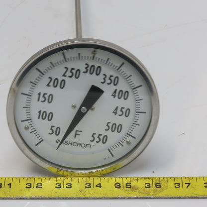 Ashcroft 7JA-10902-009 5" Bimetal Thermometer 1/2" NPT 36" Stem 50°-550°F Range