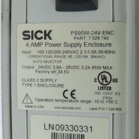 Sick PS95W-24V-ENC 7029740 4 Amp 24VDC Power Supply Enclosure W/ Mount
