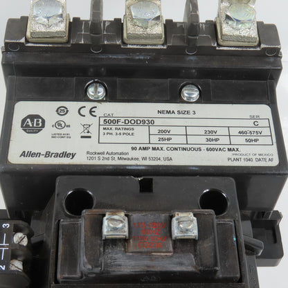 Allen Bradley 500F-DOD930 Size 3 Contactor 50HP 120V Coil W/ 592-EUTD Overload