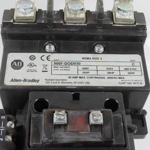 Allen Bradley 500F-DOD930 Size 3 Contactor 50HP 120V Coil W/ 592-EUTD Overload
