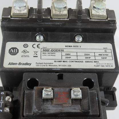 Allen Bradley 500F-DOD930 Size 3 Contactor 50HP 120V Coil W/ 592-EUTD Overload