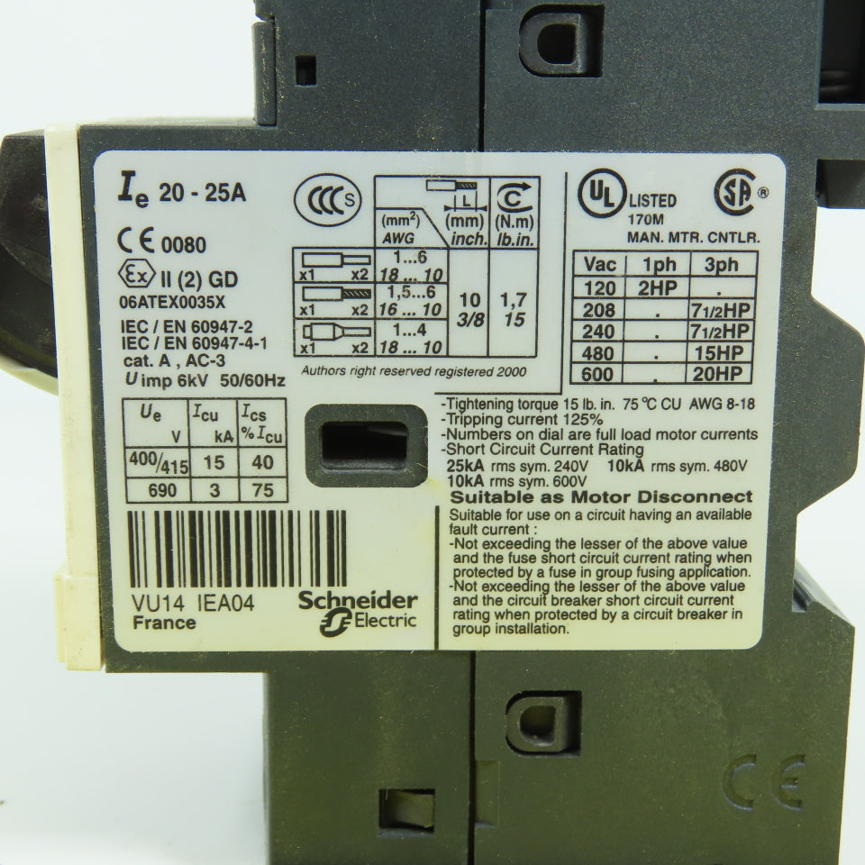 Telemecanique GV2ME22 / 20-25A Manual Motor Starter Protector 20-25A 20HP 600V