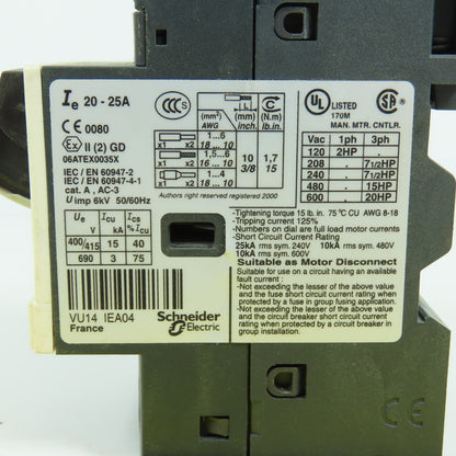 Telemecanique GV2ME22 / 20-25A Manual Motor Starter Protector 20-25A 20HP 600V