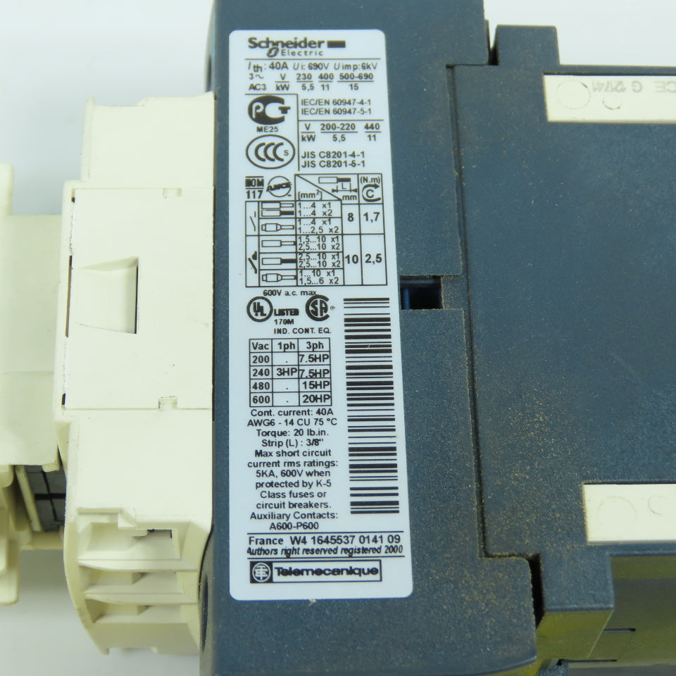Telemecanique LC1D25-BD 20HP 600VAC IEC Contactor 24V DC Coil W/ LADN11 Aux