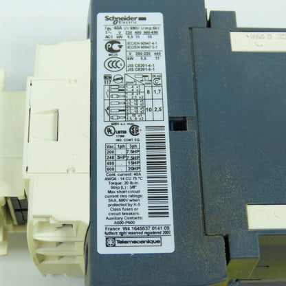 Telemecanique LC1D25-BD 20HP 600VAC IEC Contactor 24V DC Coil W/ LADN11 Aux