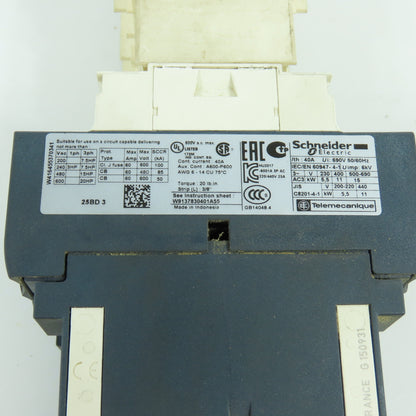 Telemecanique LC1-D25-BD 20HP 40A 600VAC IEC Contactor 24V DC Coil W/LADR2 Relay