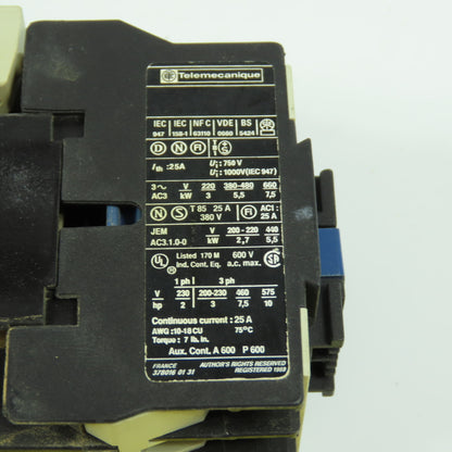 Telemecanique LP1 D12 10 10HP 25A 600VAC IEC Contactor 24V DC Coil