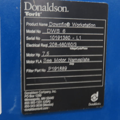 Donaldson Torit DWS 6 7.5Hp Downflo Workstation Dust Collector Booth 208/480V