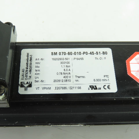 Elau SM 070-60-010-P0-45-S1-B0 Servo Motor 1.1Nm 6000RPM 400V