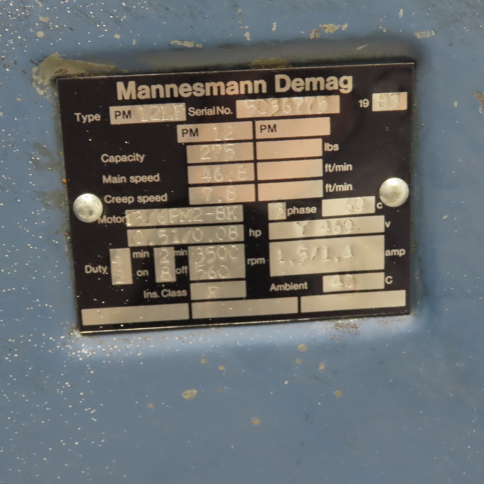 Demag PM12LF 275LB 2 Speed Electric Chain Hoist 10' Lift 46.8/7.8 FPM 460V 3PH